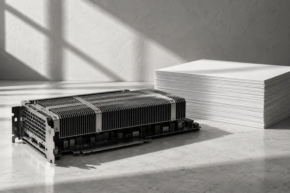 An unbranded accelerator and a stack of documents in diagonal window light.