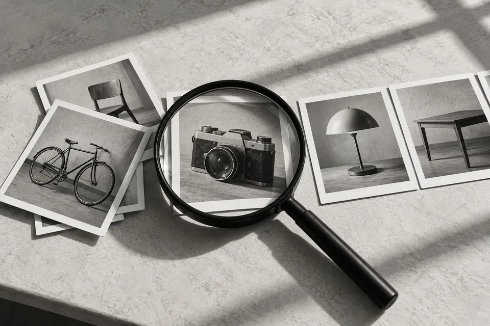 Secondhand-object photo cards being inspected with a magnifying glass and arranged in order.
