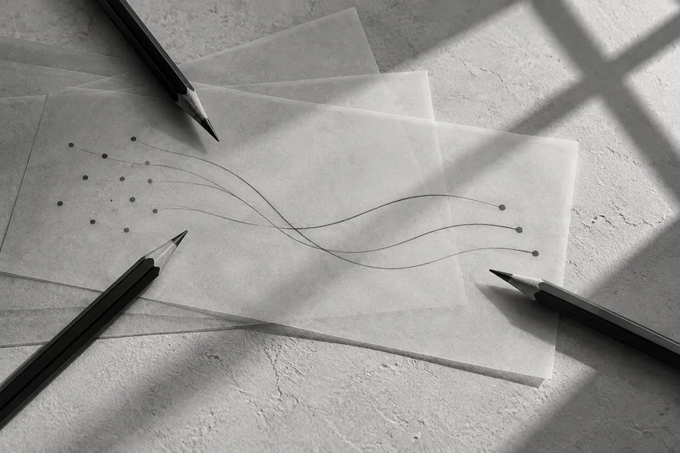 Three graphite pencils and layered tracing paper with dotted marks becoming smooth paths.