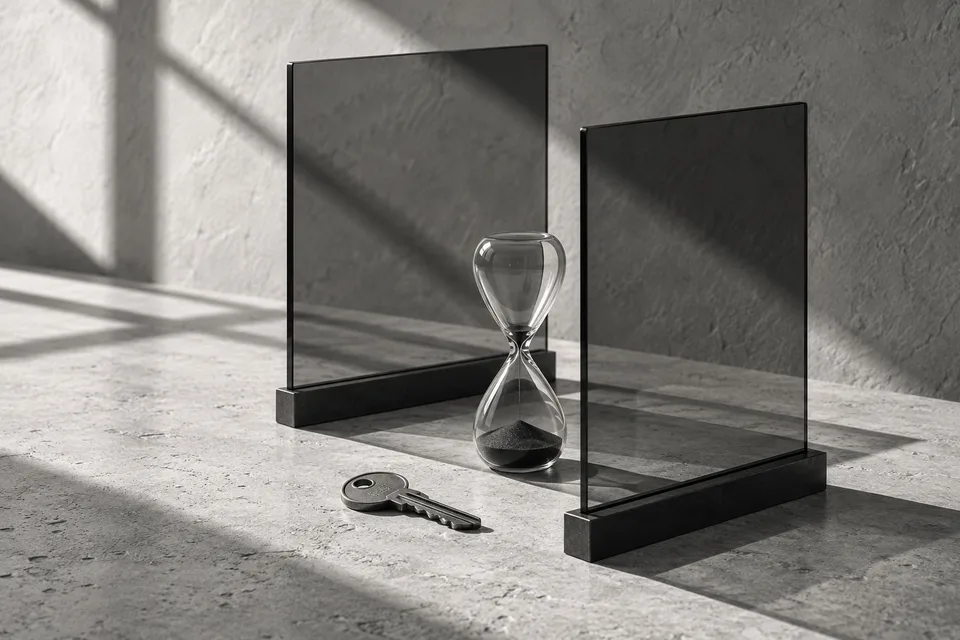 Two smoked-glass panes beside one key and an almost-empty hourglass.