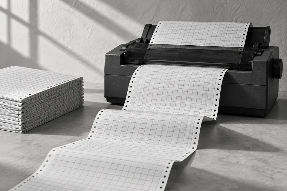 Continuous grid-lined paper feeding through a compact printer into a folded stack.