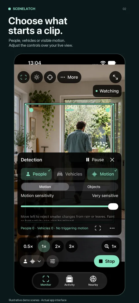 Tune it where you see it: actual SceneLatch interface with fictional demo scenery.