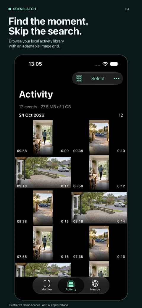 Review the moments: actual SceneLatch interface with fictional demo scenery.